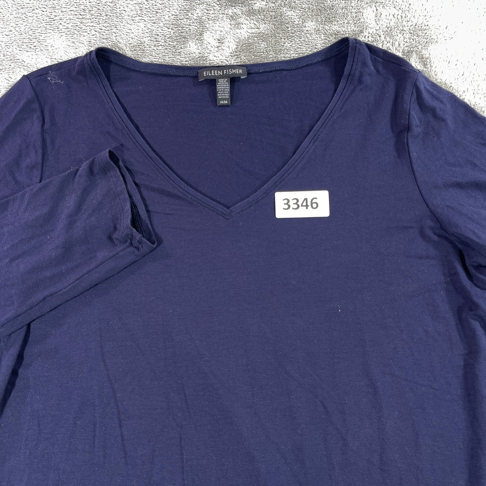 Eileen‎ Fisher Tunic Top Womens Medium Blue V-Neck Tencel Lyocell Long Sleeve